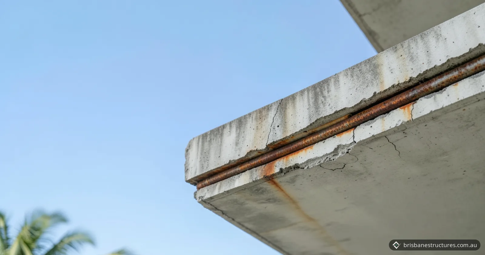 Looking up at a concrete slab edge where a strip of concrete has broken away, exposing two rusty reinforcing bars, with rust streaks and cracks, against a blue sky and a palm tree