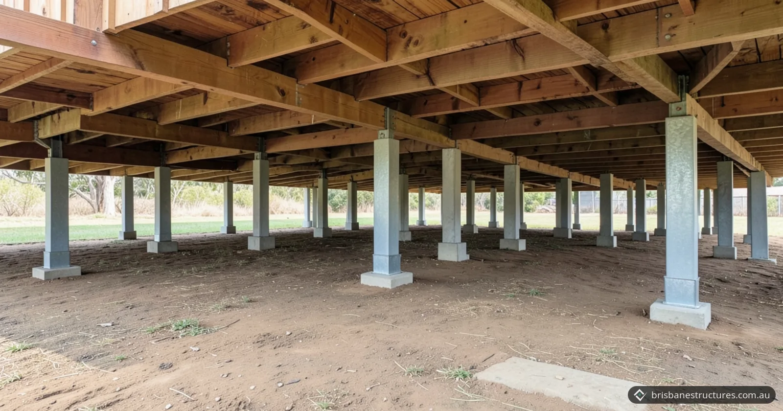 Rows of galvanised steel stumps on small concrete footings holding up the timber bearers and joists under a raised house, with bare soil underneath and a lawn beyond