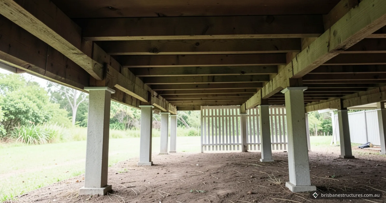 Underneath a raised timber house: rows of square concrete stumps on bare soil holding up timber bearers and floor joists, with a white slatted screen and garden beyond