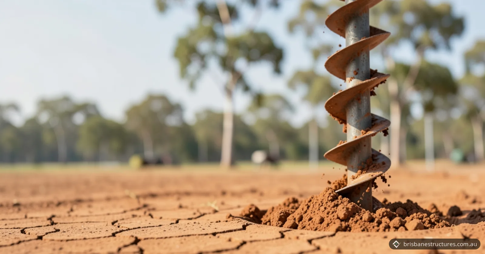 A steel spiral auger drilling a borehole into cracked red clay ground, with augered clay heaped around it and blurred gum trees behind