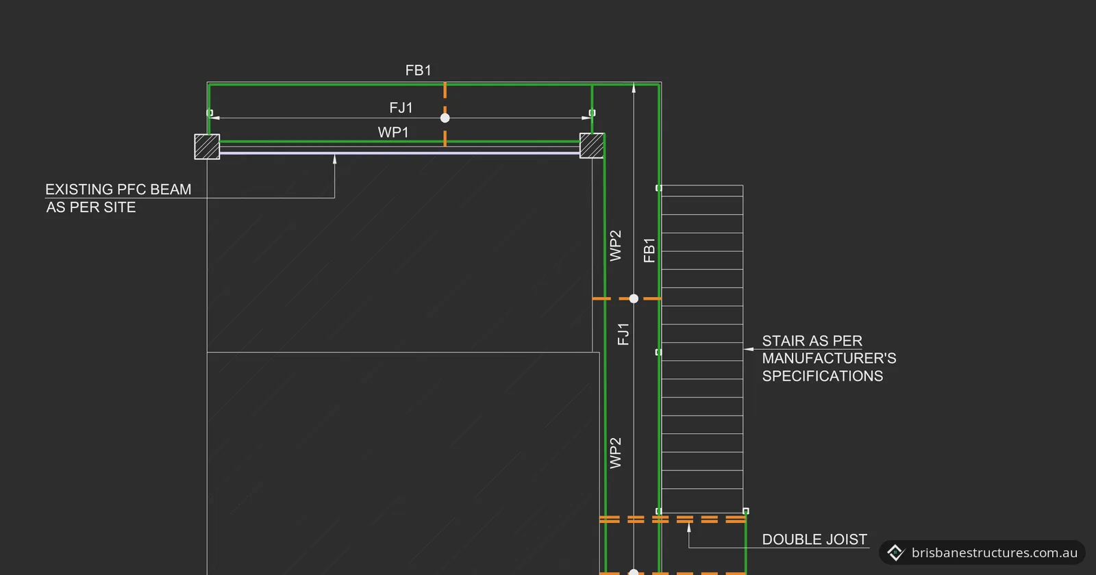 Framing plan of a steel-framed deck extension with new beams, joists and a stair