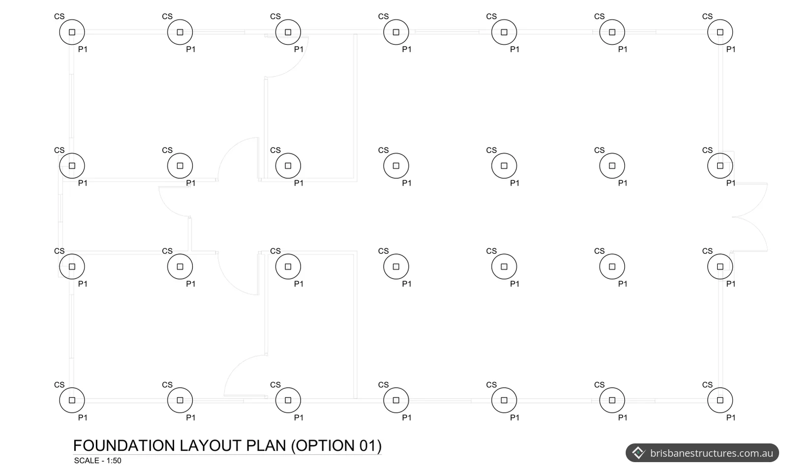 Foundation layout plan for option 1 with four rows of seven concrete stumps on piers under the modular home