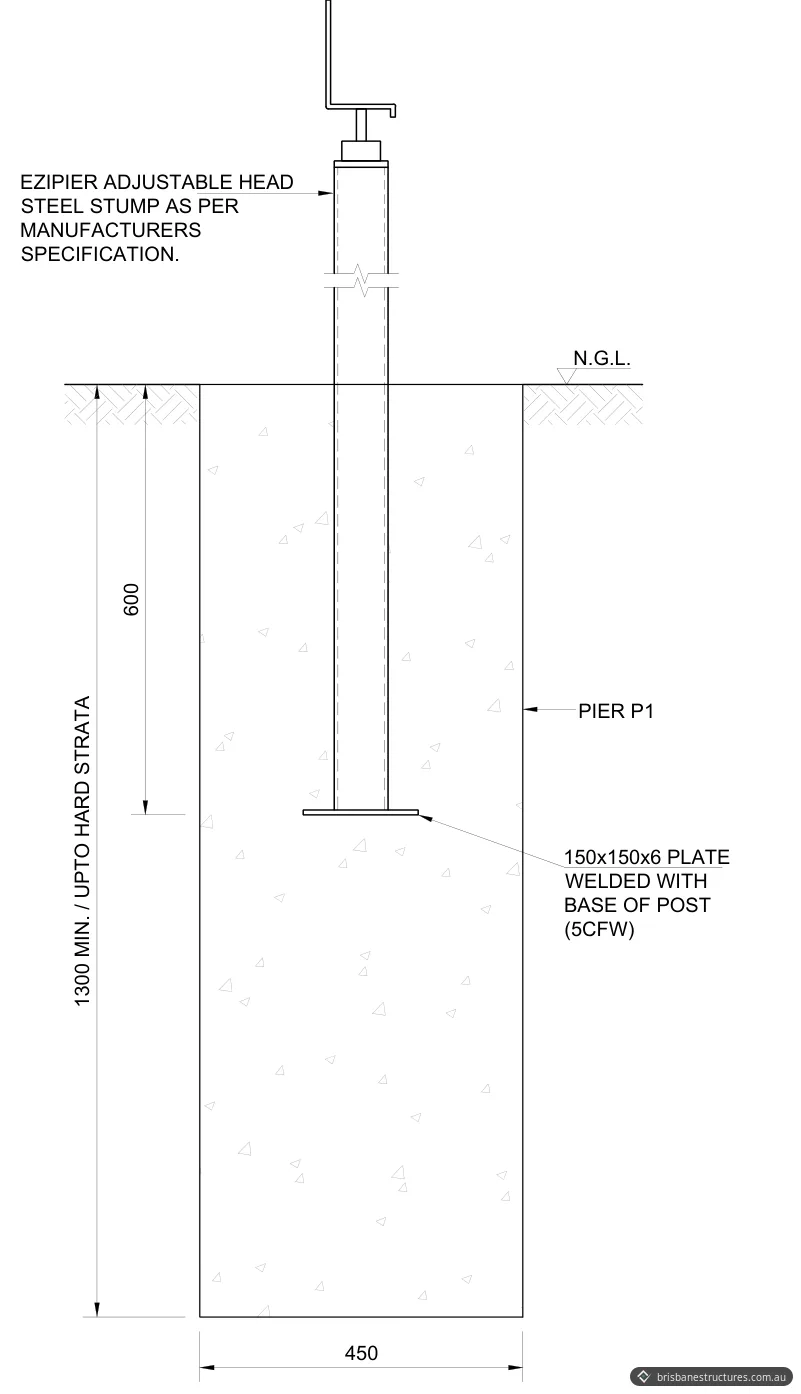 Section through a concrete pier with an adjustable-head steel stump embedded 600 mm and a welded base plate